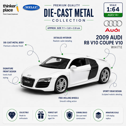 Welly 1:64 Audi 2009 R8 V10 Coupe White Die-Cast Metal Model Car