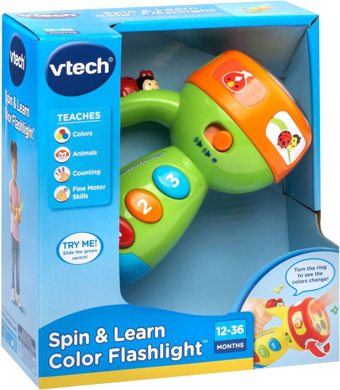 VTech Spin and Learn Color Flashlight, Lime Green | Interactive Educational Flashlight Toy with Colors, Numbers, Animals, Songs & Light-Up Learning for Toddlers