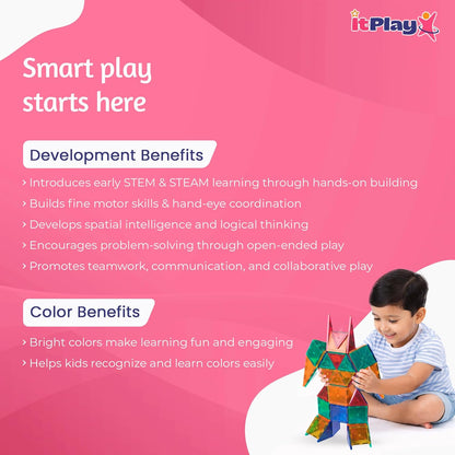ItPlay Magnetic Tiles 68 Pieces Set for Kids | STEM Educational Magnetic Building Blocks Construction Toy