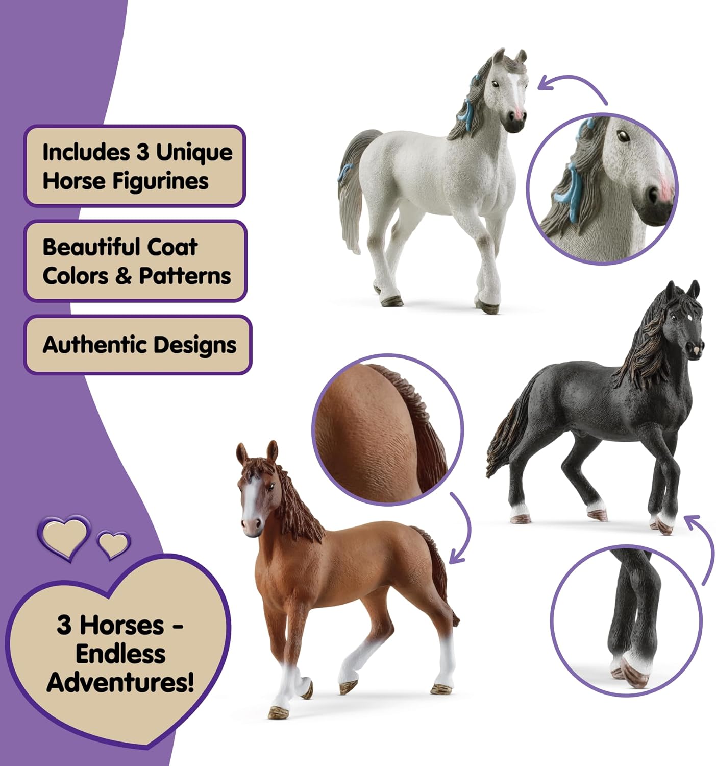Schleich Horse Club - 3 PC Horse Figurine Playset - Collectible Figures with 3 Unique Breeds for Girls and Boys - Realistic Farm Animal Toy Set for Kids Ages 5+ | 77788