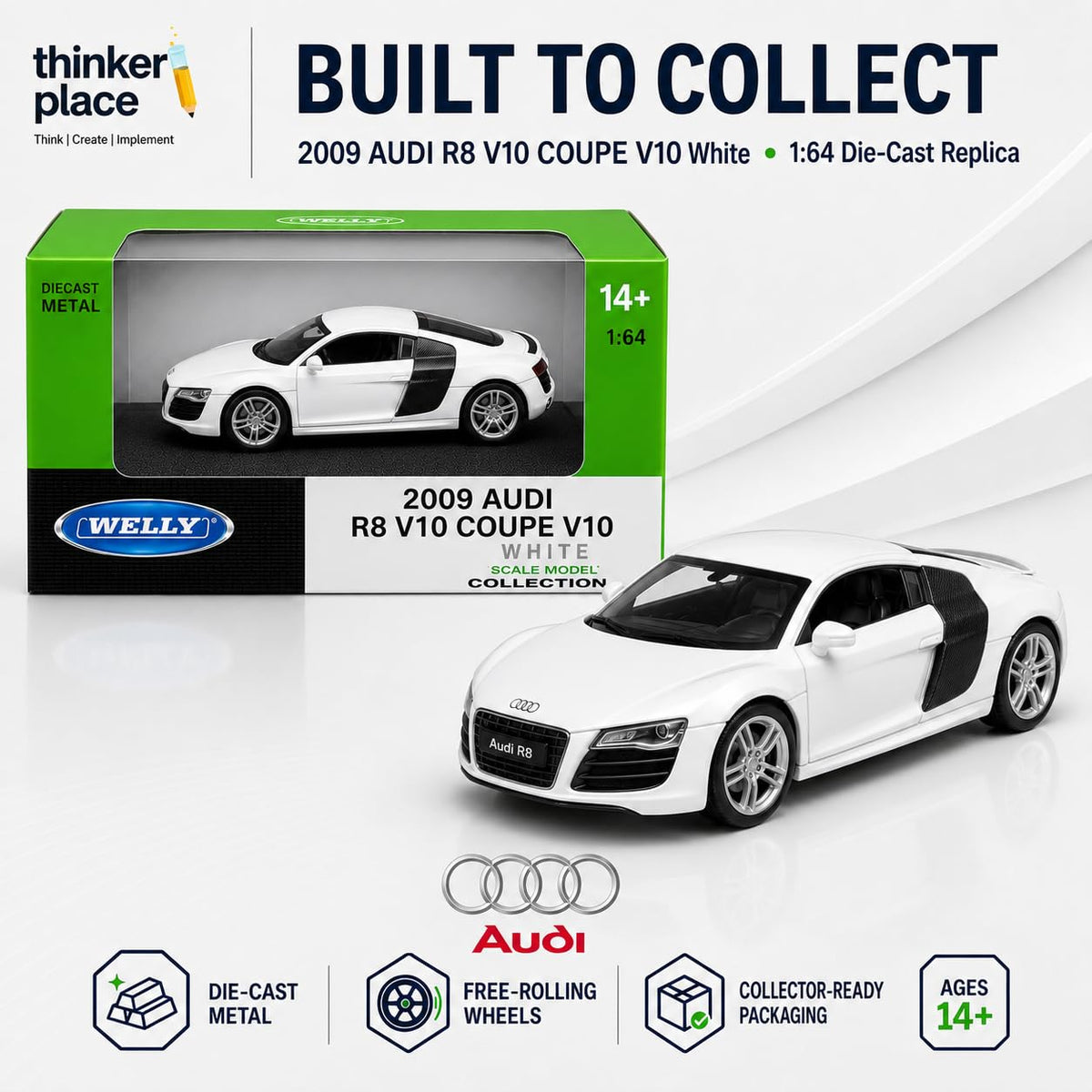 Welly 1:64 Audi 2009 R8 V10 Coupe White Die-Cast Metal Model Car