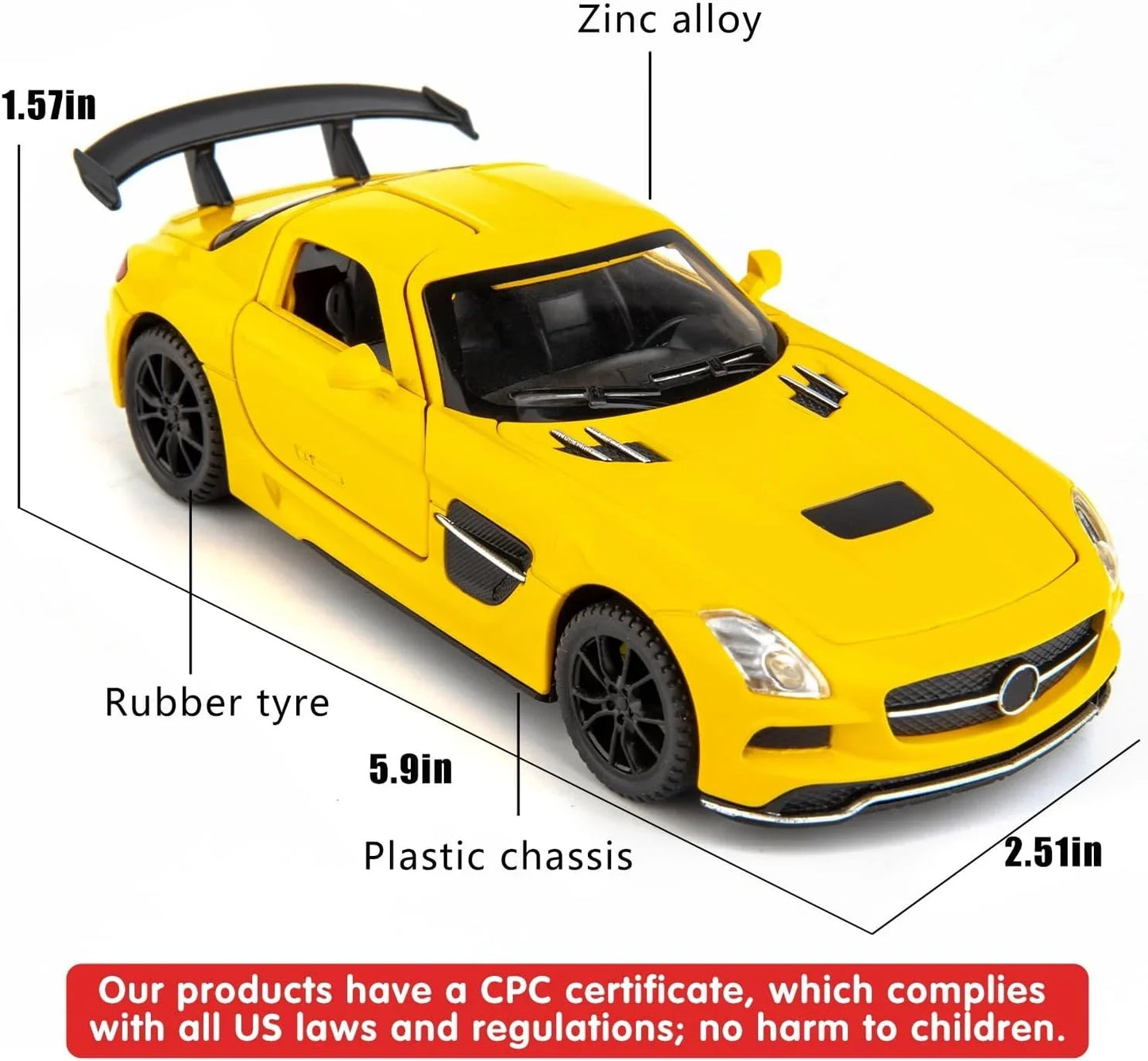 1:32 Mercedes SLS AMG Die-Cast Metal Model Car – Pull Back Toy Car with Openable Doors, Light & Sound (Yellow) - Jaiman Toys