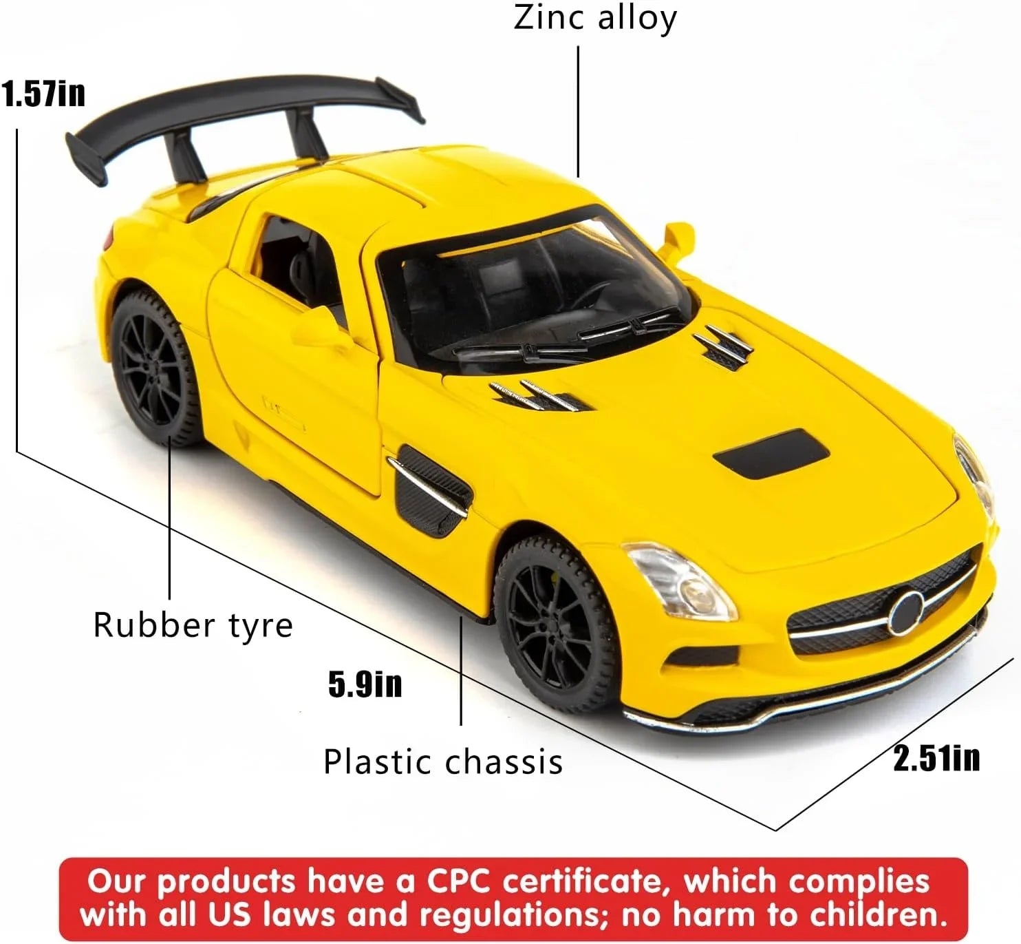 1:32 Mercedes SLS AMG Die-Cast Metal Model Car – Pull Back Toy Car with Openable Doors, Light & Sound (Yellow) - Jaiman Toys