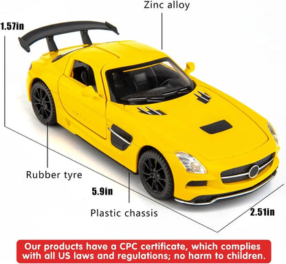 1:32 Mercedes SLS AMG Die-Cast Metal Model Car – Pull Back Toy Car with Openable Doors, Light & Sound (Yellow) - Jaiman Toys