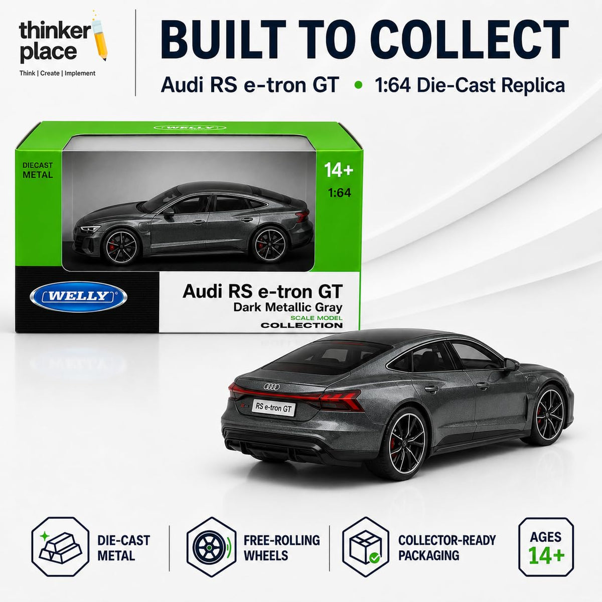 Welly 1:64 Audi RS e-tron GT Dark Metallic Gray Die-Cast Metal Model Car