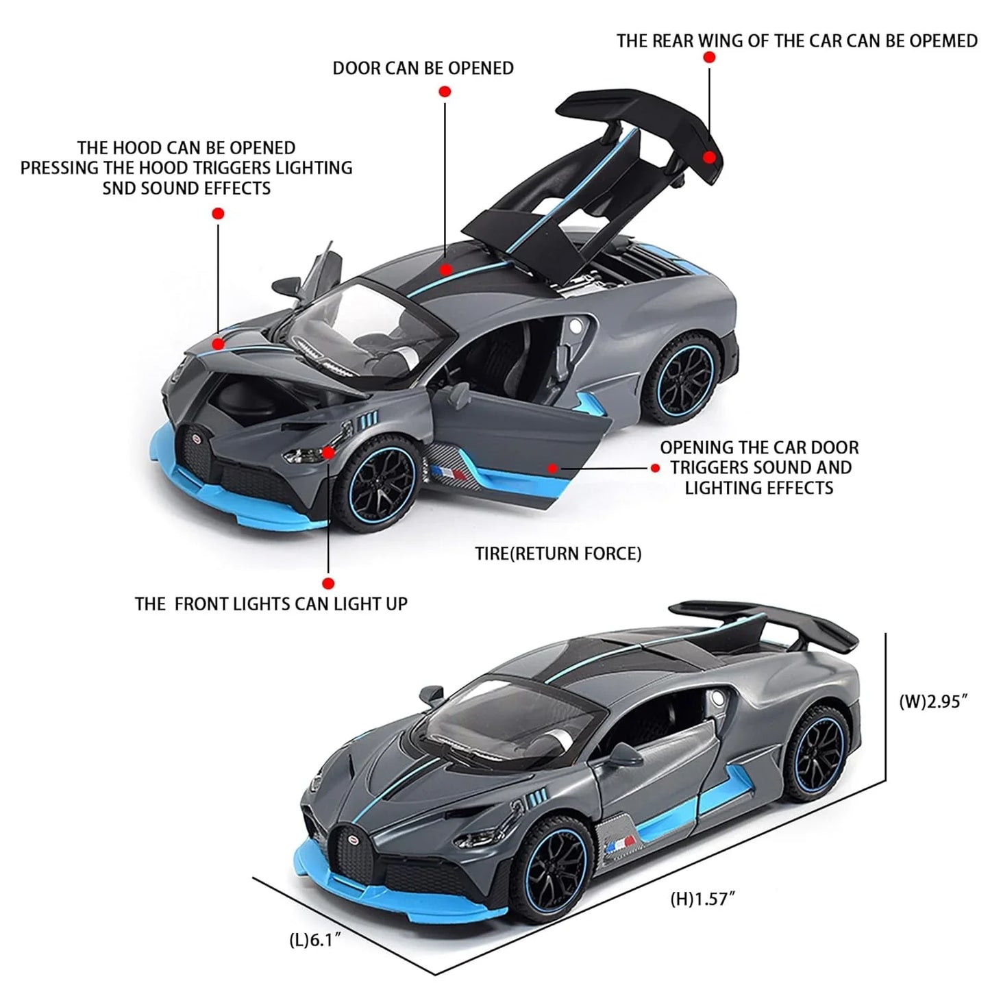 JOY JUNCTION 1:32 Bugatti Divo Die-Cast Metal Toy Car – Pull Back Model Car with Light & Sound for Kids (Grey) - Jaiman Toys