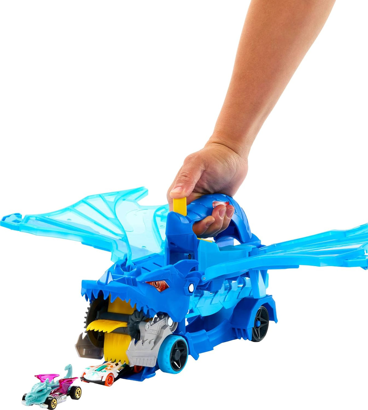 Hot Wheels City Toy Car Track Set – Ultimate Dual Dragon Transporter & 2 Die-Cast Cars JBM72