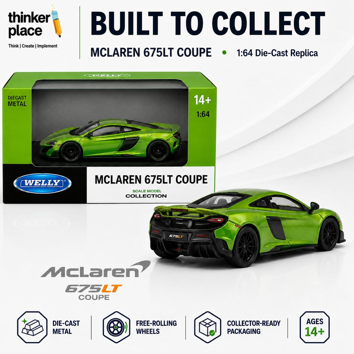 Welly 1:64 McLaren 675LT Coupe Metallic Green Die-Cast Metal Model Car