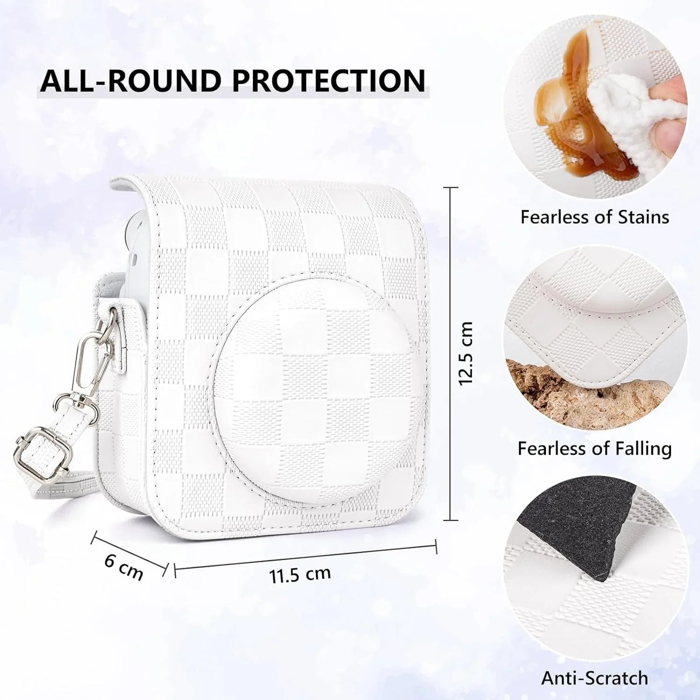 Checkmate Style – Chess Board PU Leather Camera Case for Instax Mini 12 with Adjustable Strap - Clay White - Jaiman Toys