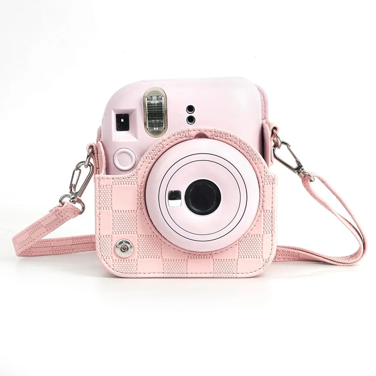 Checkmate Style – Chess Board PU Leather Camera Case for Instax Mini 12 with Adjustable Strap - Blossom Pink - Jaiman Toys