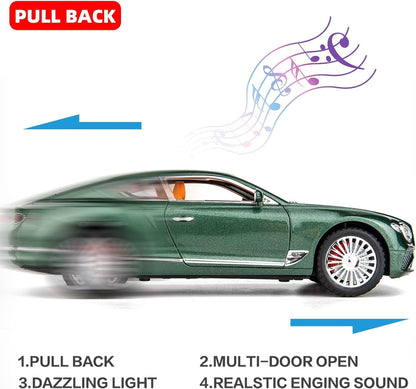 Joy Junction Bentley Cont Smoke 1:24 Scale Die-Cast Luxury Coupe Model with Sound & Light – Pull Back Metal Car Toy (Green)