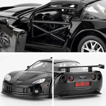 RMZ City 1:36 Chevrolet Corvette C6R Die-Cast Car | Openable Doors & Pull-Back Action | Metal Model Toy (Black / Yellow)