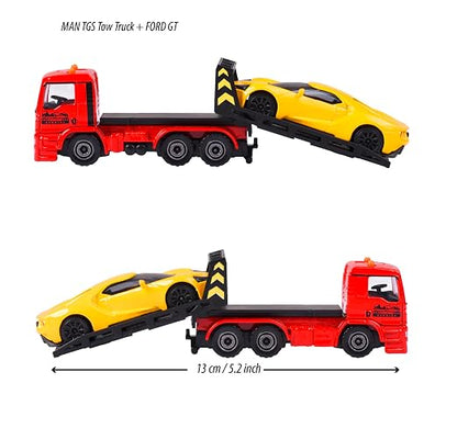 Majorette MAN TGS Tow Truck with Ford GT Die-Cast Vehicle Set | Flatbed Recovery Truck Toy | Collectible for Kids 3+