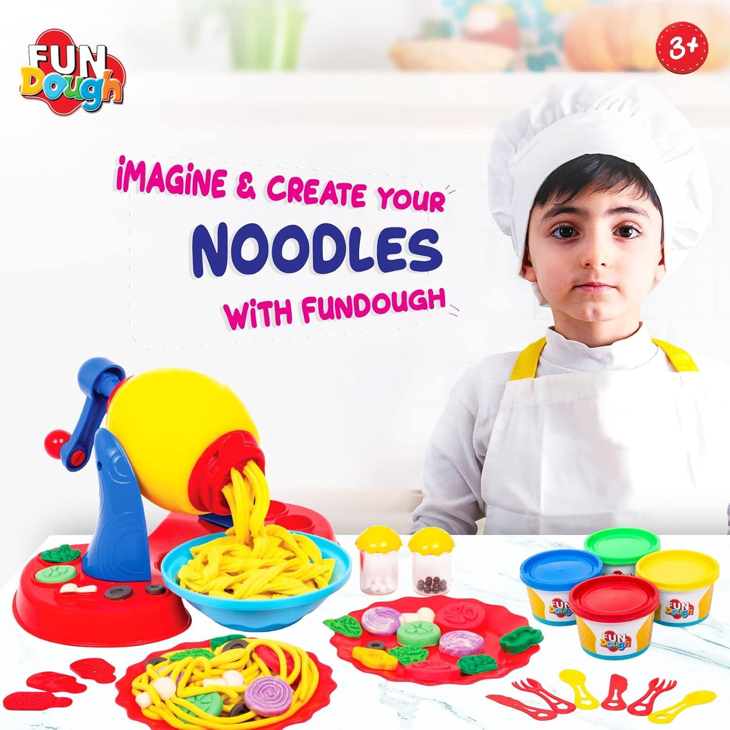 Funskool FunDough Noodle Party Playset | Dough Noodle Maker with 4 Dough Tubs & Accessories | Creative Pretend Food Play for Kids 3+