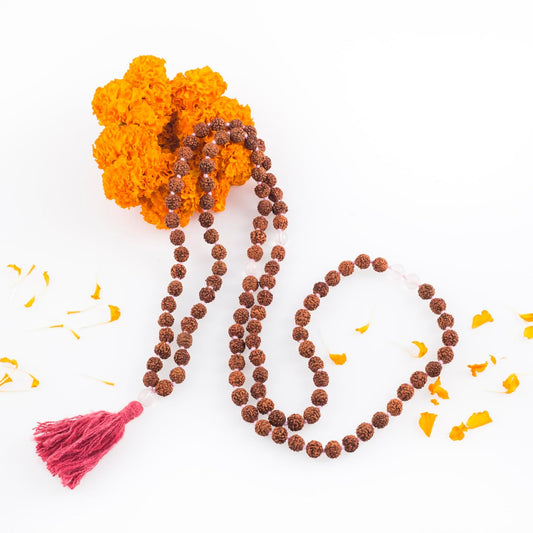 Maha Mala Rudraksha 108 Beads Japa Mala with Clear Quartz | Hand-Knotted, Ahimsa Silk Tassel | Handmade in India