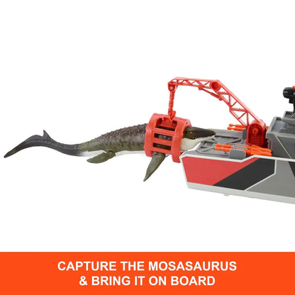 Matchbox JGG61 Jurassic World Jurassic World Playset with 12.5" Boat with 13" Mosasaurus 1:64 Scale Die-Cast Jeeps, Harpoon Missiles and Removable Rescue Boat