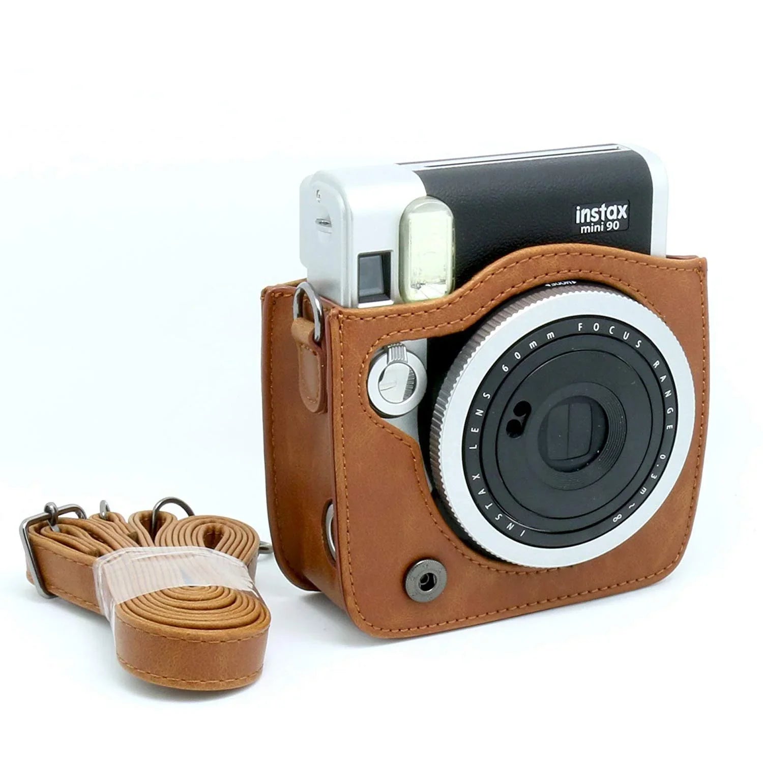 Vintage Charm – Classic PU Leather Case with Strap for Instax Mini 90 Neo Classic - Brown - Jaiman Toys
