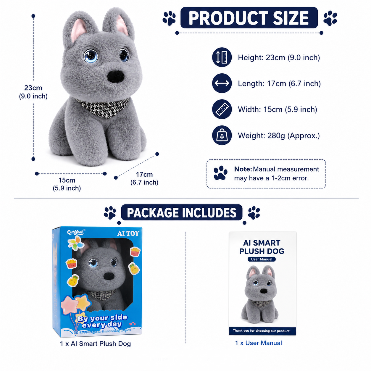 Breatoi! AI Smart Interactive Plush Dog Toy with Voice Interaction, Soft Stuffed Puppy Companion, Talking & Sound Responsive Plush Animal for Kids | Gift for Boys & Girls 3+ Years - Grey