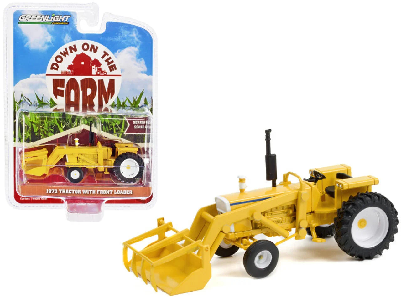 Greenlight Down on the Farm Series 6 – 1972 Tractor Yellow & White with Front Loader (1:64 Scale) - Jaiman Toys