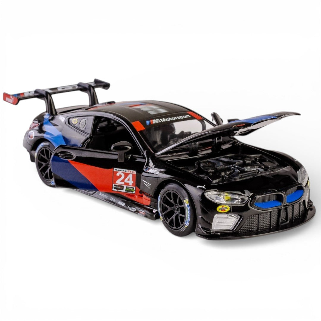 RMZ Hobby 1:32 BMW M8 GTE Die-Cast Model Car – Black |Pull Back, Openable Doors, Light & Sound (664996)