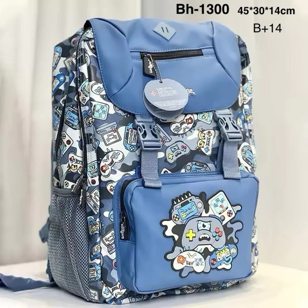 Smiggle Away Foldover Gaming Theme Backpack – 16 Inch Kids School Bag with Zipped Compartments & Strap (Blue)
