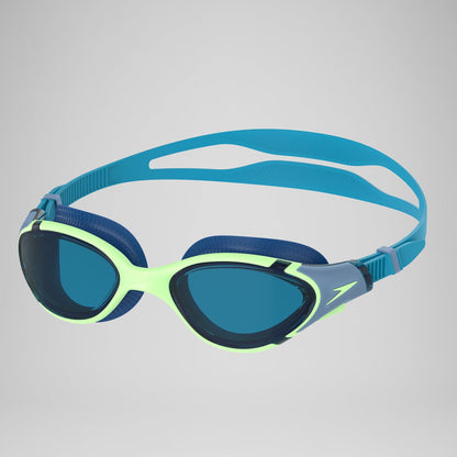 Speedo Biofuse 2.0 Unisex Adult Mirrored Swimming Goggles with Anti-Fog, UV Protection and Push-Button Adjustment – Green & Blue