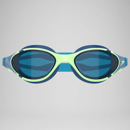 Speedo Biofuse 2.0 Unisex Adult Mirrored Swimming Goggles with Anti-Fog, UV Protection and Push-Button Adjustment – Green & Blue