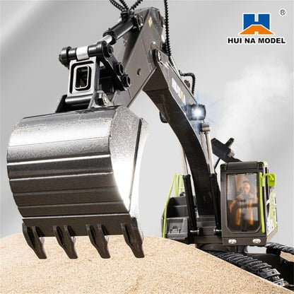Huina 1661 1:18 Die-Cast Metal RC Excavator | 11-Channel Remote Control Construction Vehicle with LED Lights, Rechargeable Battery & 2.4GHz Radio System