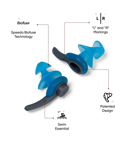 Speedo Biofuse Unisex Adult Ergonomic Swimming Earplugs with Left/Right Markings and Reusable Storage Case – Blue & Grey