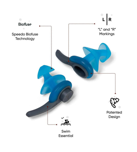 Speedo Biofuse Unisex Adult Ergonomic Swimming Earplugs with Left/Right Markings and Reusable Storage Case – Blue & Grey