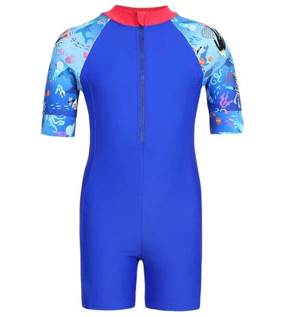 Speedo Kids Swimwear Blue Short Sleeve Swim Suit with Sea-Themed Sleeves, UPF Protection & Front Zip - Jaiman Toys
