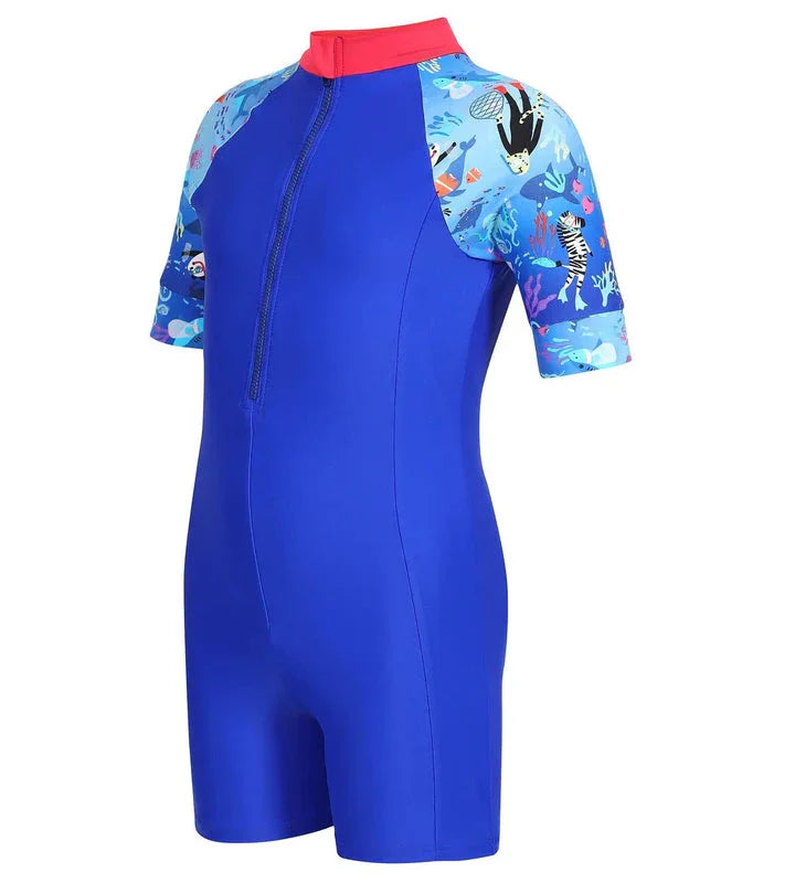 Speedo Kids Swimwear Blue Short Sleeve Swim Suit with Sea-Themed Sleeves, UPF Protection & Front Zip - Jaiman Toys