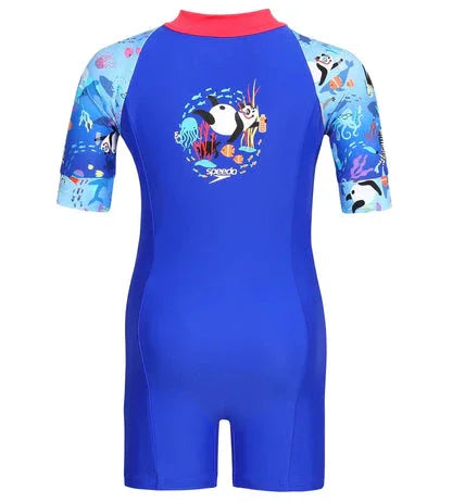 Speedo Kids Swimwear Blue Short Sleeve Swim Suit with Sea-Themed Sleeves, UPF Protection & Front Zip - Jaiman Toys
