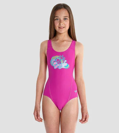 Speedo Girl's Endurance 10 V-Cut Splashback One-Piece Swimsuit – Diva & Princess Pink | Stylish & Comfortable Swimwear for Active Girls - Jaiman Toys