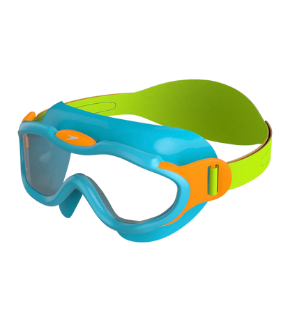 Speedo Biofuse Unisex Kids Infant Swim Mask with Anti-Fog Clear Lens, 100% UV Protection and Easy-Adjust Strap, Ages 2–6 – Blue, Green & Orange