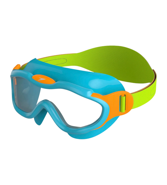 Speedo Biofuse Unisex Kids Infant Swim Mask with Anti-Fog Clear Lens, 100% UV Protection and Easy-Adjust Strap, Ages 2–6 – Blue, Green & Orange