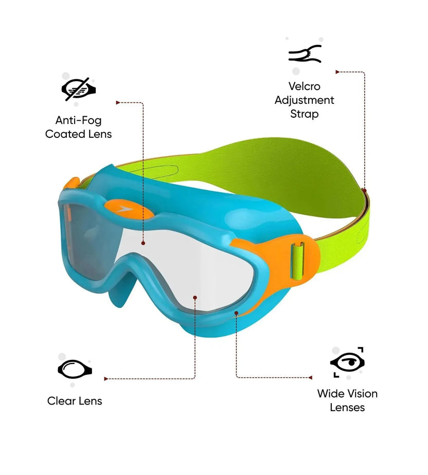 Speedo Biofuse Unisex Kids Infant Swim Mask with Anti-Fog Clear Lens, 100% UV Protection and Easy-Adjust Strap, Ages 2–6 – Blue, Green & Orange