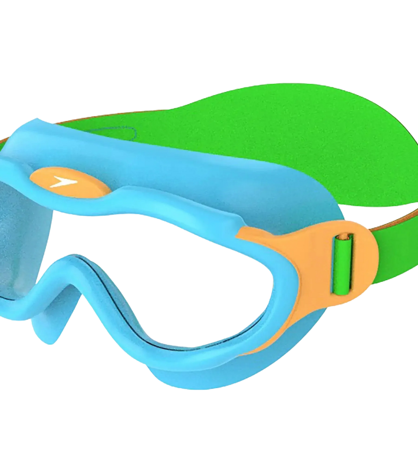 Speedo Biofuse Unisex Kids Infant Swim Mask with Anti-Fog Clear Lens, 100% UV Protection and Easy-Adjust Strap, Ages 2–6 – Blue, Green & Orange