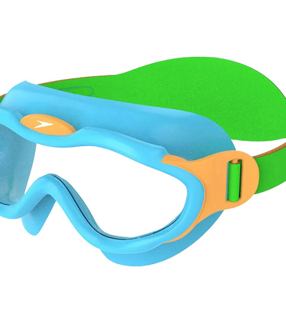 Speedo Biofuse Unisex Kids Infant Swim Mask with Anti-Fog Clear Lens, 100% UV Protection and Easy-Adjust Strap, Ages 2–6 – Blue, Green & Orange