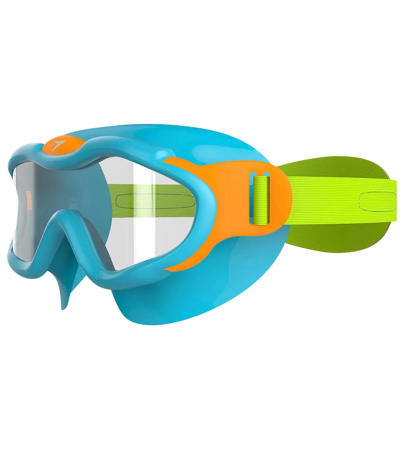 Speedo Biofuse Unisex Kids Infant Swim Mask with Anti-Fog Clear Lens, 100% UV Protection and Easy-Adjust Strap, Ages 2–6 – Blue, Green & Orange
