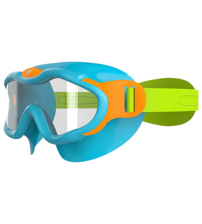 Speedo Biofuse Unisex Kids Infant Swim Mask with Anti-Fog Clear Lens, 100% UV Protection and Easy-Adjust Strap, Ages 2–6 – Blue, Green & Orange