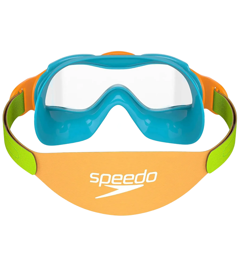 Speedo Biofuse Unisex Kids Infant Swim Mask with Anti-Fog Clear Lens, 100% UV Protection and Easy-Adjust Strap, Ages 2–6 – Blue, Green & Orange
