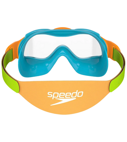Speedo Biofuse Unisex Kids Infant Swim Mask with Anti-Fog Clear Lens, 100% UV Protection and Easy-Adjust Strap, Ages 2–6 – Blue, Green & Orange