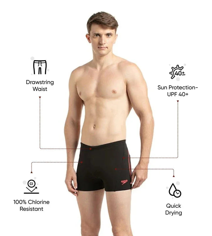 Speedo Men’s Endurance+ Essential Splice Aquashort – Black & Phoenix Red | Chlorine Resistant & UPF 40+ Sun Protection - Jaiman Toys