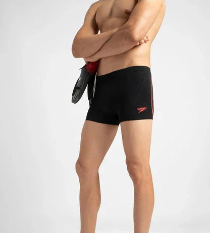 Speedo Men’s Endurance+ Essential Splice Aquashort – Black & Phoenix Red | Chlorine Resistant & UPF 40+ Sun Protection - Jaiman Toys