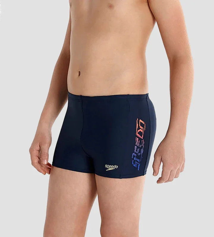 Speedo Boy's Endurance 10 Tech Logo Panel Print Aquashort – Navy & Deep Peri, Size 28 | Chlorine Resistant & Comfortable Swimwear - Jaiman Toys