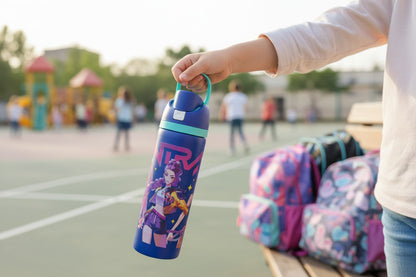 K-Pop Demon Hunters 800ml Stainless Steel Kids Water Bottle with Flip-Top Lid & Carry Handle – Blue