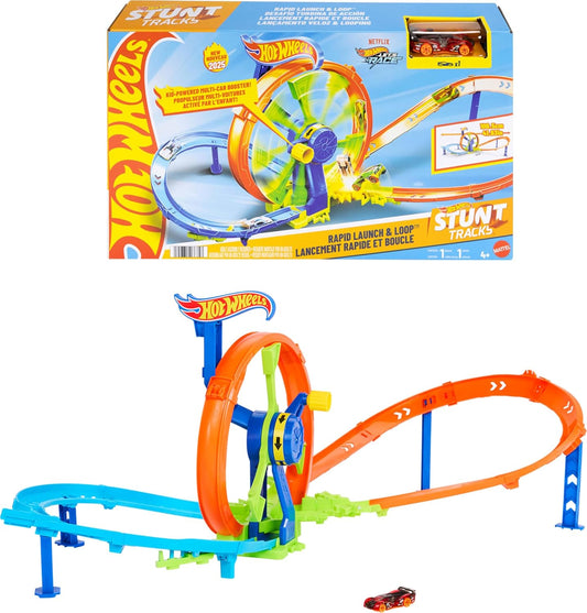 Hot Wheels Toy Car Track Set, Launch and Loop Playset & 1:64 Scale Die-Cast Vehicle, Crash Area on Figure 8 Track with Loop-Kicker Booster