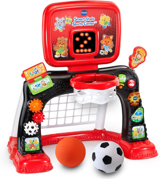 VTech Smart Shots Sports Center Interactive Basketball & Soccer Goal Set for Toddlers, Red | Lights, Sounds & Educational Sports Toy