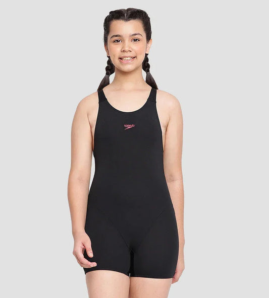 Speedo Girl's Endurance+ Essential Legsuit Swimwear – Black & Raspberry Fill, Size 24 | Chlorine Resistant, Durable & Comfortable - Jaiman Toys